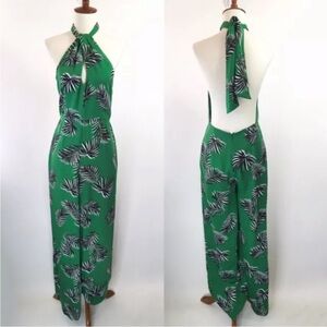 Green Halter Jumpsuit with Botanical Print